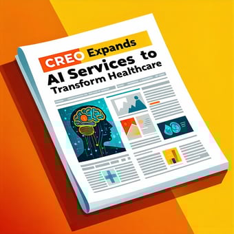 A visually appealing illustration of a newspaper prominently displaying an article about artificial intelligence The newspaper features a bold headline that reads CREO Expands AI Services to Transform Healthcare accompanied by striking imagery of AIr